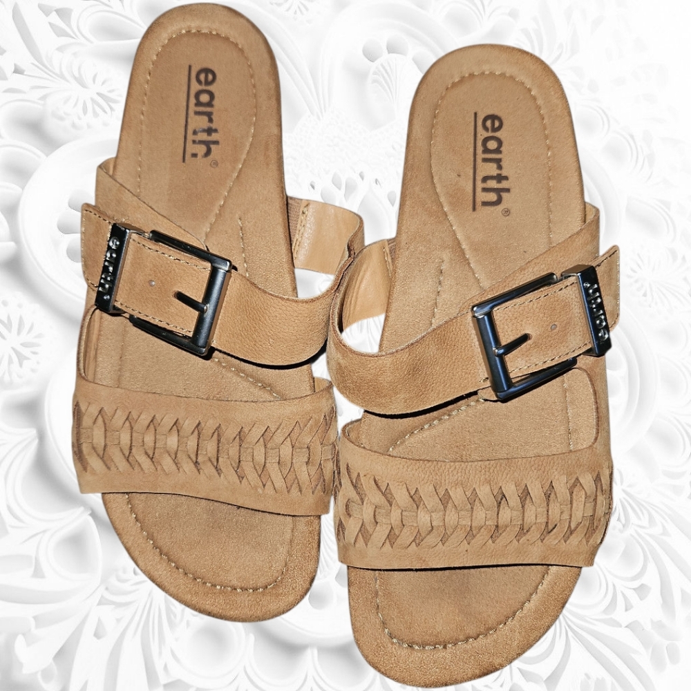 Earth Tan Braided Leather Buckle Slide Sandals Comfort 8.5 BOHO